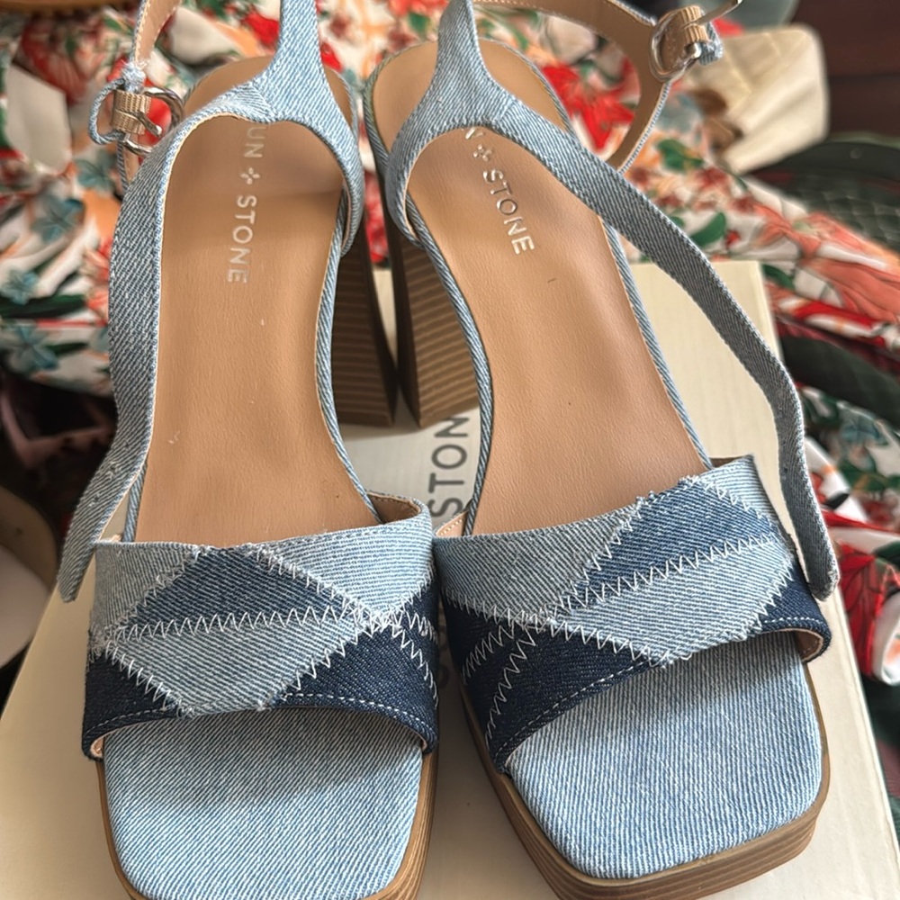 Sun + Stone Denim Patchwork Platform Sandals in Light Blue & Dark Blue